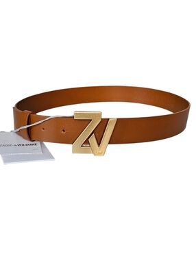 Zadig and Voltaire Tan Leather Belt w Gold Logo Buckle size 1